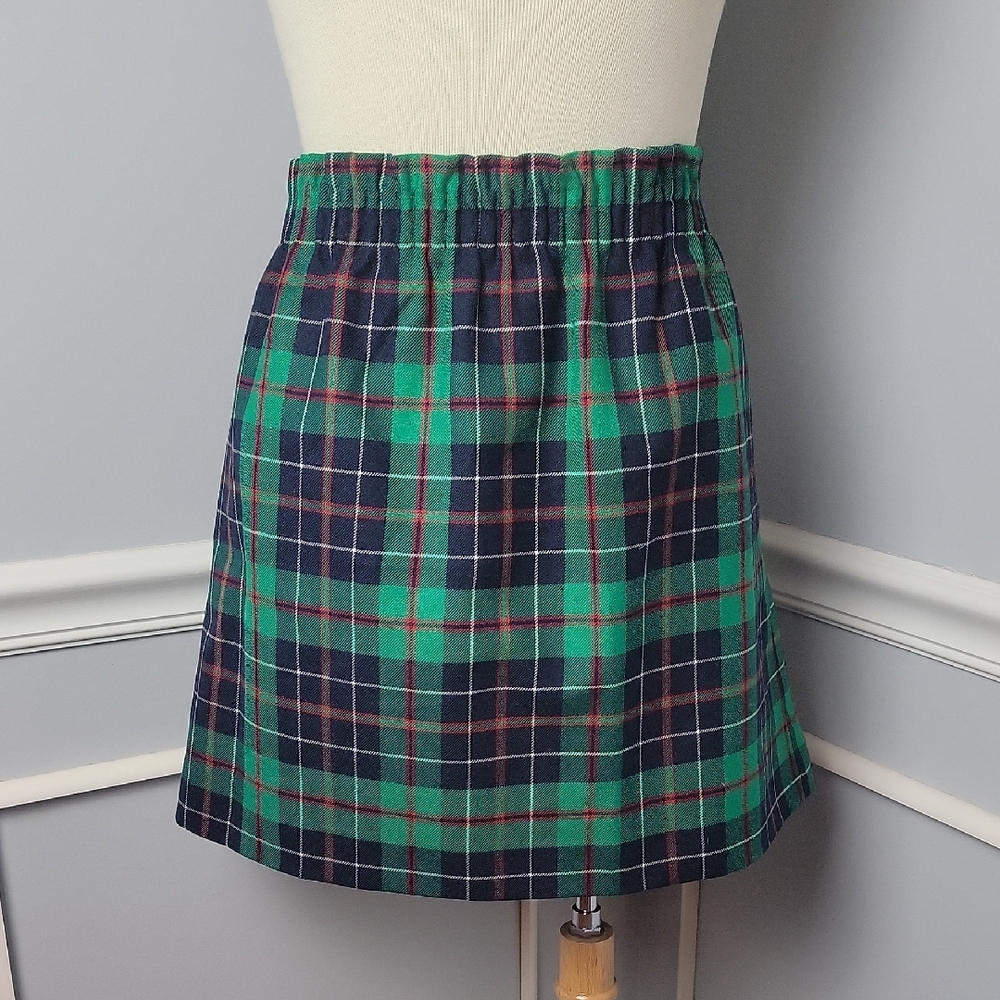 J.CREW 100% Wool Green Navy Tartan Plaid Holiday Christmas Classic Mini Skirt 10